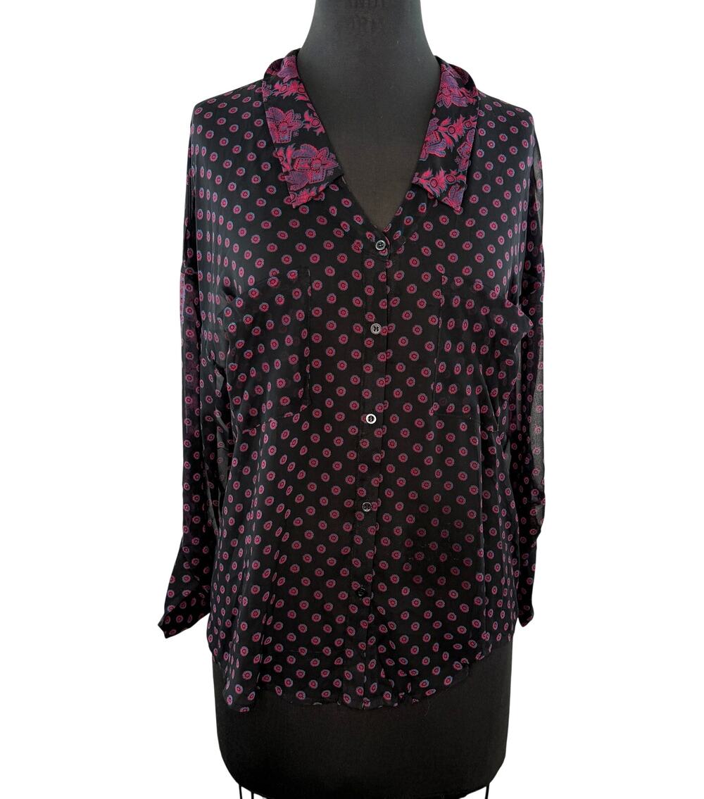 FREE PEOPLE Black Purple Shirt Sheer Floral Drop Shoulder Button-Up M Medium